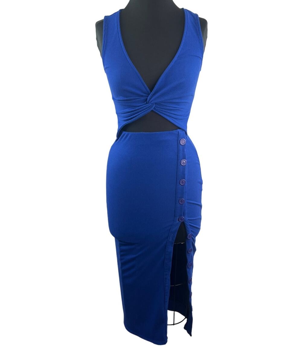 Fore Royal Blue Cutout Midi Dress Ribbed Plunge Neck Party/Cocktail Size X-Small